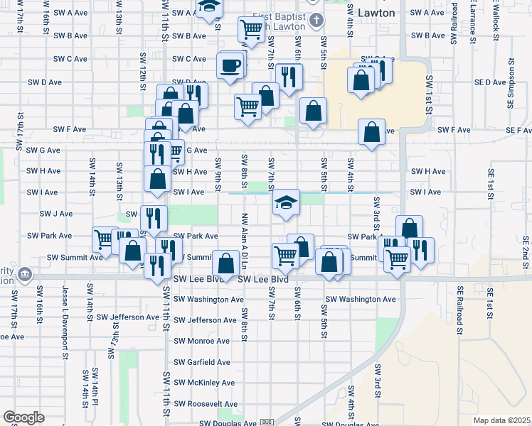map of restaurants, bars, coffee shops, grocery stores, and more near 911 Southwest 7th Street in Lawton