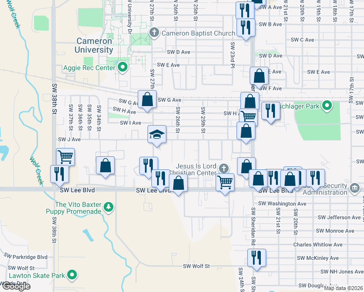 map of restaurants, bars, coffee shops, grocery stores, and more near 1205 Southwest 26th Street in Lawton