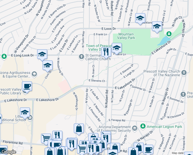 map of restaurants, bars, coffee shops, grocery stores, and more near 3740 North Robin Drive in Prescott Valley