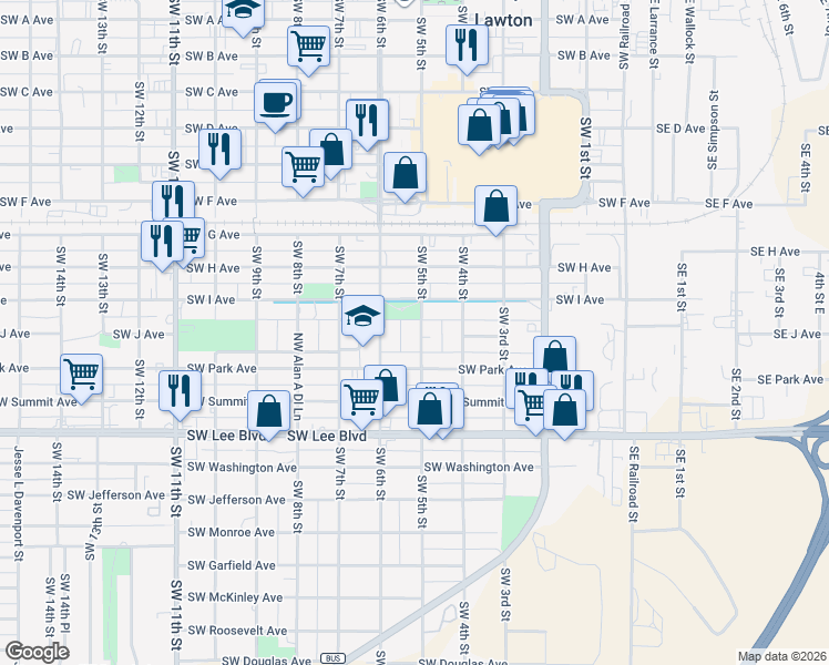 map of restaurants, bars, coffee shops, grocery stores, and more near 911 Southwest 5th Street in Lawton