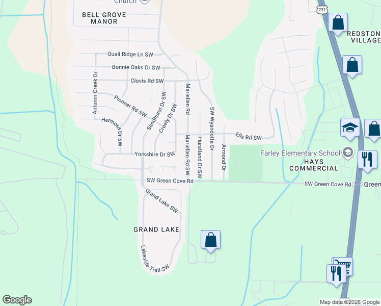 map of restaurants, bars, coffee shops, grocery stores, and more near 14012 Mariellen Road Southwest in Huntsville