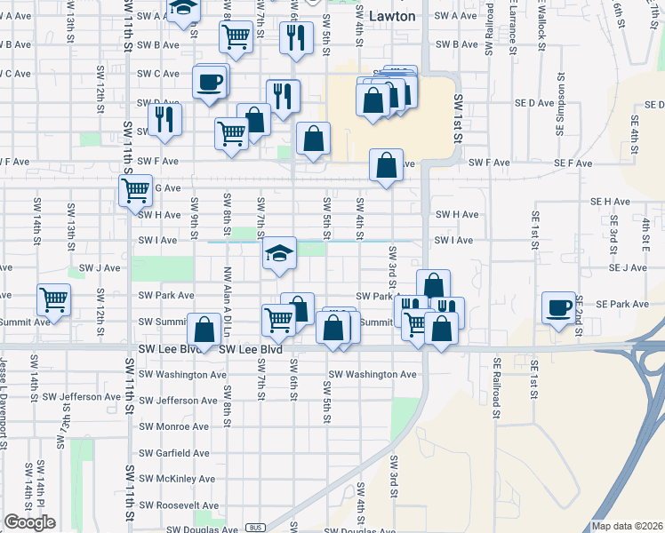 map of restaurants, bars, coffee shops, grocery stores, and more near 911 Southwest 5th Street in Lawton