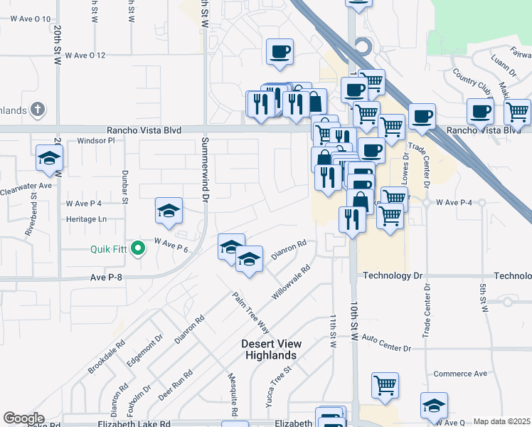 map of restaurants, bars, coffee shops, grocery stores, and more near 39299 Gainsborough Drive in Palmdale