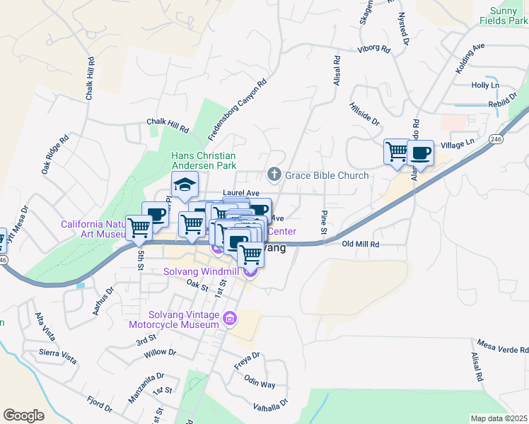 map of restaurants, bars, coffee shops, grocery stores, and more near 561 Alisal Road in Solvang