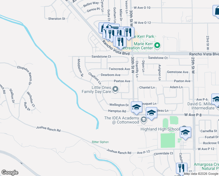 map of restaurants, bars, coffee shops, grocery stores, and more near 39344 Vicker Court in Palmdale