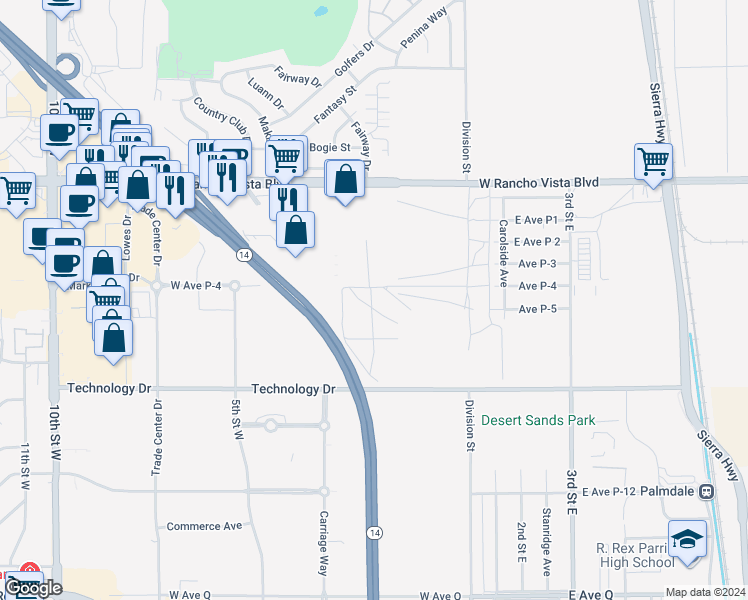 map of restaurants, bars, coffee shops, grocery stores, and more near 14 Avenue P-4 in Palmdale