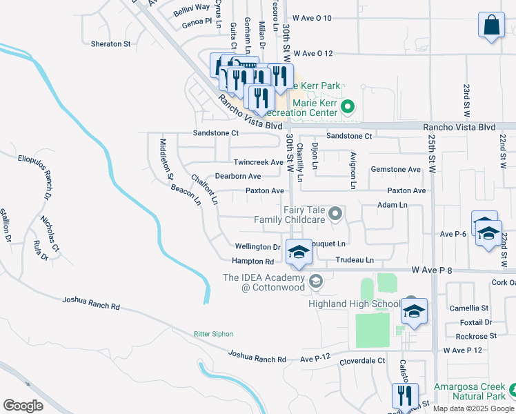 map of restaurants, bars, coffee shops, grocery stores, and more near 39347 Landmark Court in Palmdale