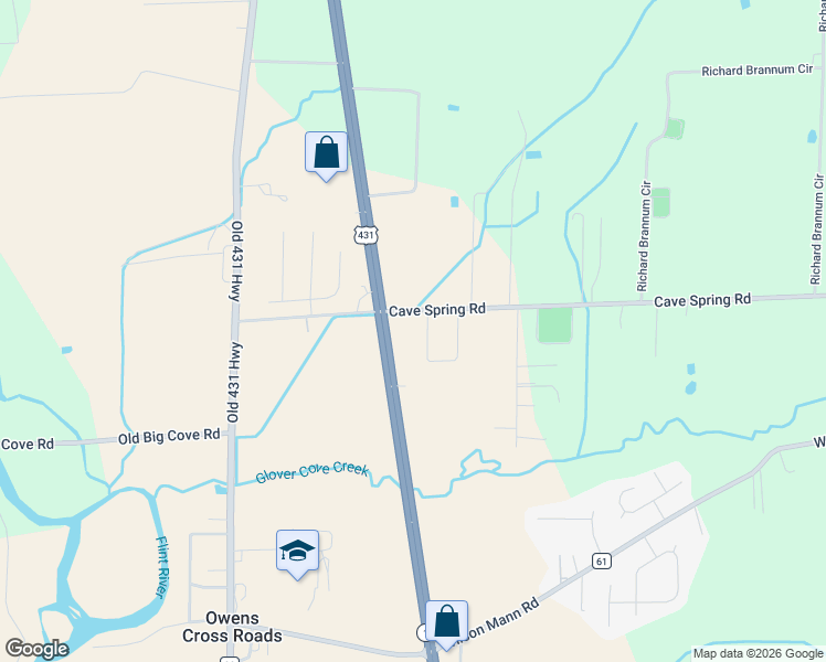 map of restaurants, bars, coffee shops, grocery stores, and more near 8549 U.S. 431 in Owens Cross Roads