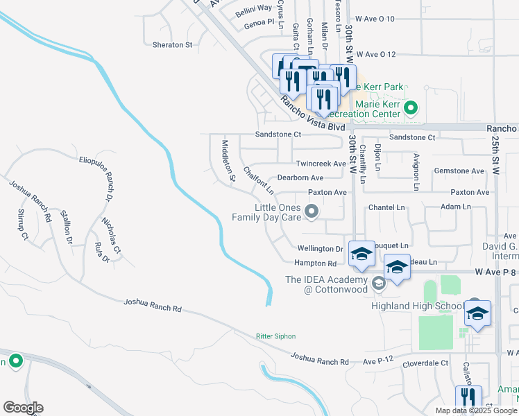 map of restaurants, bars, coffee shops, grocery stores, and more near 39369 Beacon Lane in Palmdale