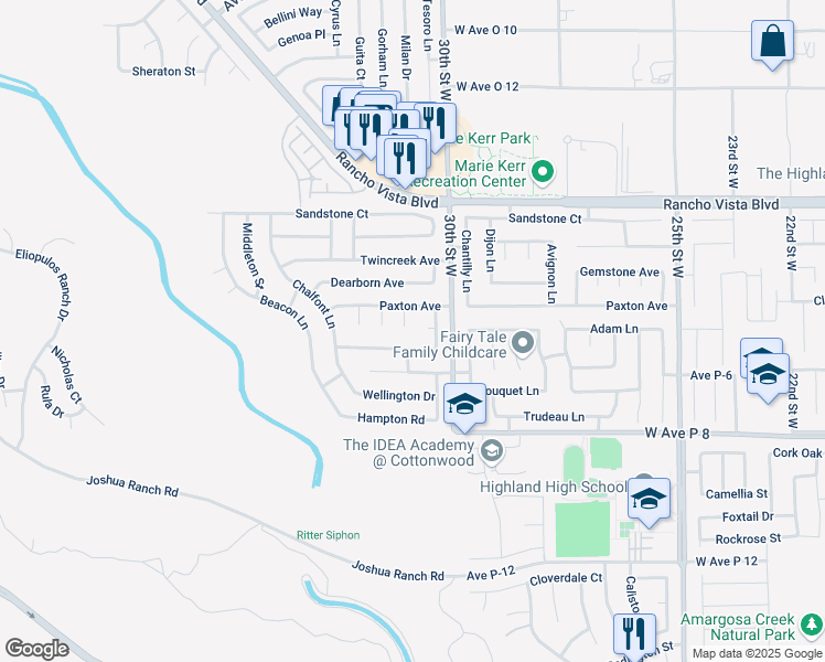 map of restaurants, bars, coffee shops, grocery stores, and more near 39347 Landmark Court in Palmdale