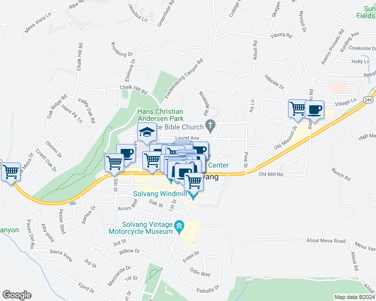 map of restaurants, bars, coffee shops, grocery stores, and more near 555 2nd Place in Solvang