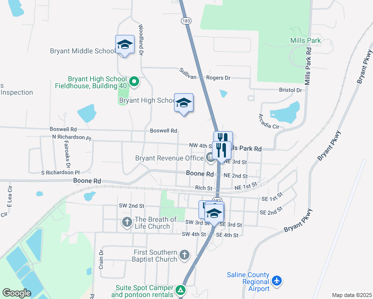 map of restaurants, bars, coffee shops, grocery stores, and more near 307 Northwest 4th Street in Bryant
