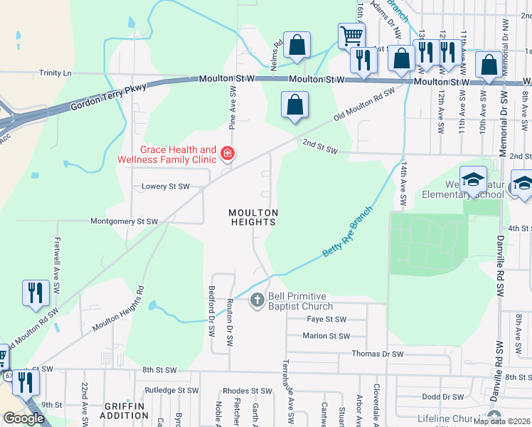 map of restaurants, bars, coffee shops, grocery stores, and more near 631 Canterbury Avenue Southwest in Decatur
