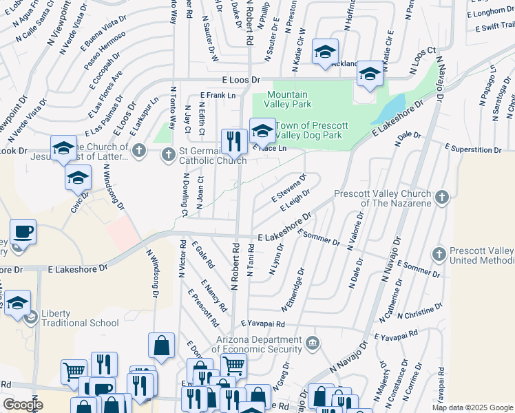 map of restaurants, bars, coffee shops, grocery stores, and more near 8300 East Stevens Drive in Prescott Valley
