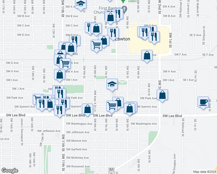 map of restaurants, bars, coffee shops, grocery stores, and more near 911 Southwest 7th Street in Lawton