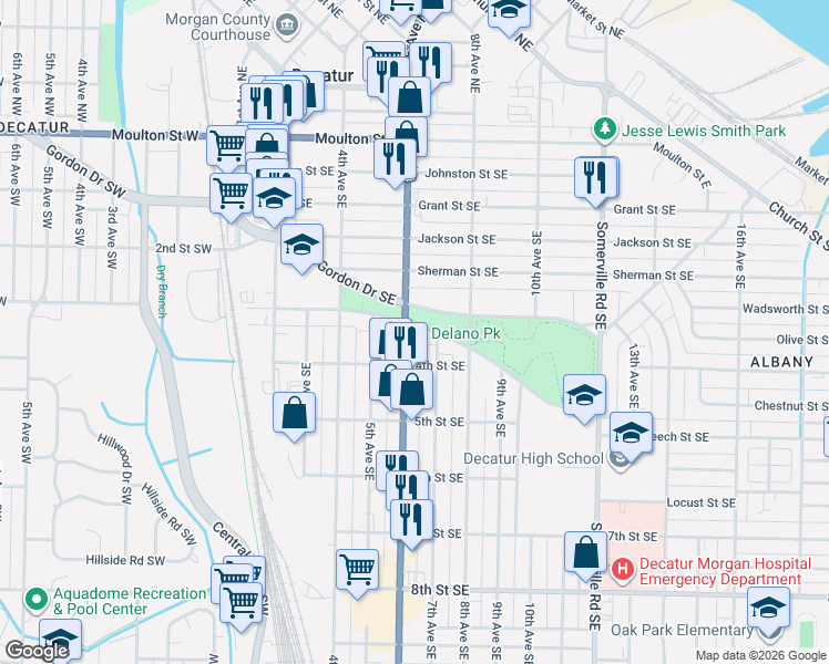 map of restaurants, bars, coffee shops, grocery stores, and more near 707 6th Avenue Southeast in Decatur