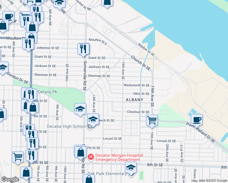 map of restaurants, bars, coffee shops, grocery stores, and more near 1514 Olive Street Southeast in Decatur