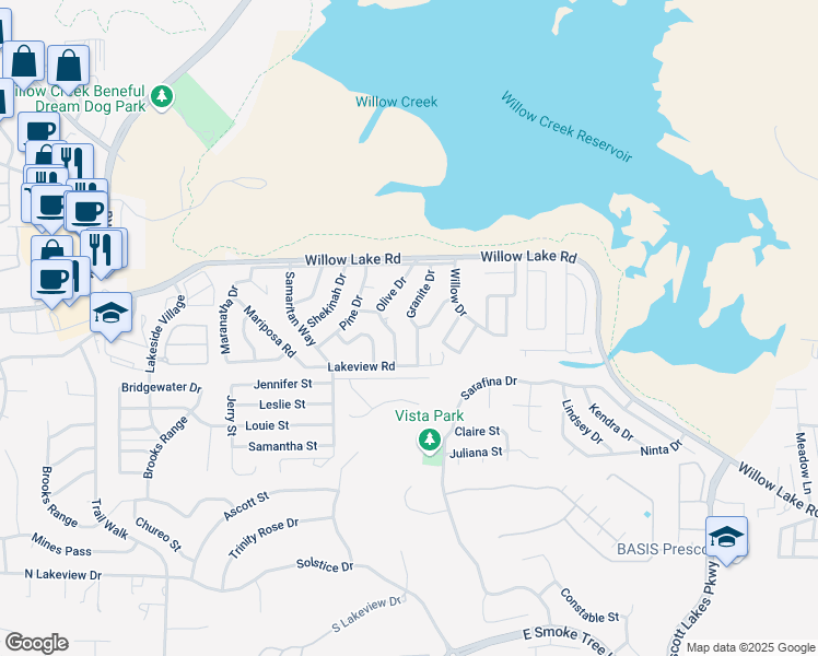 map of restaurants, bars, coffee shops, grocery stores, and more near 3070 Granite Drive in Prescott
