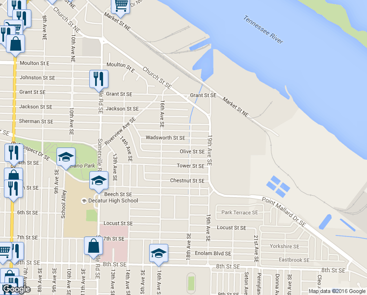 map of restaurants, bars, coffee shops, grocery stores, and more near 1626 Olive Street Southeast in Decatur