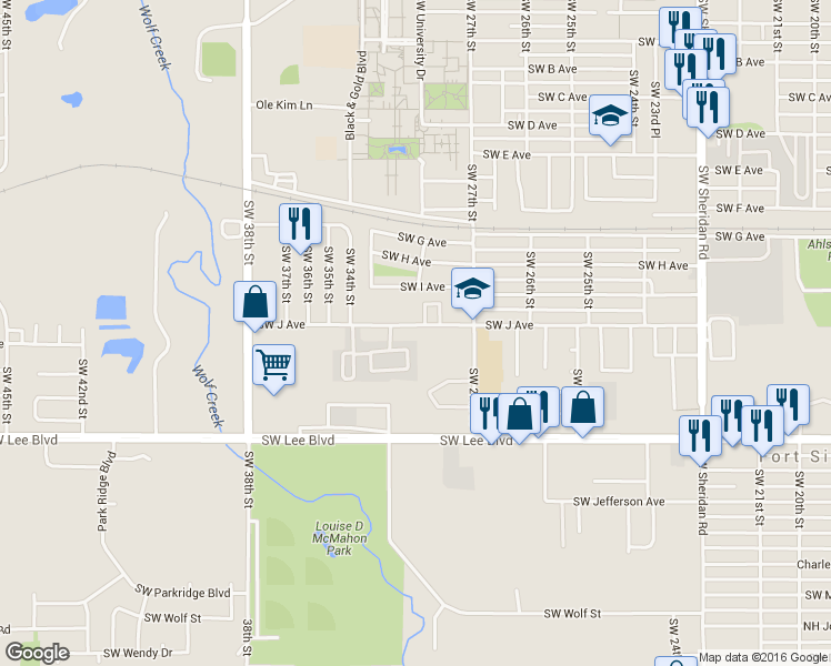map of restaurants, bars, coffee shops, grocery stores, and more near 2726 Southwest J Avenue in Lawton
