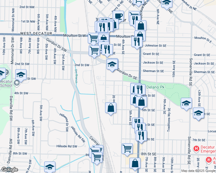 map of restaurants, bars, coffee shops, grocery stores, and more near 708 2nd Avenue Southeast in Decatur