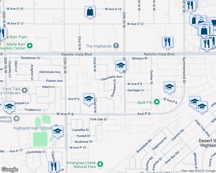 map of restaurants, bars, coffee shops, grocery stores, and more near 2116 Redrock Court in Palmdale
