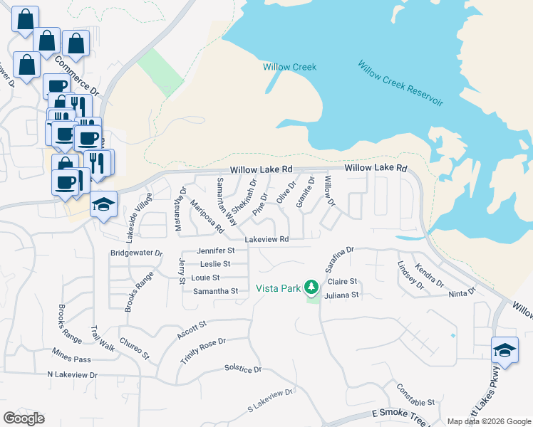 map of restaurants, bars, coffee shops, grocery stores, and more near 3055 Timber Line Road in Prescott