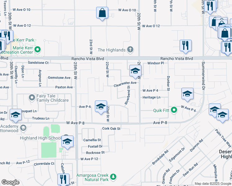 map of restaurants, bars, coffee shops, grocery stores, and more near 39351 Stonegate Street in Palmdale