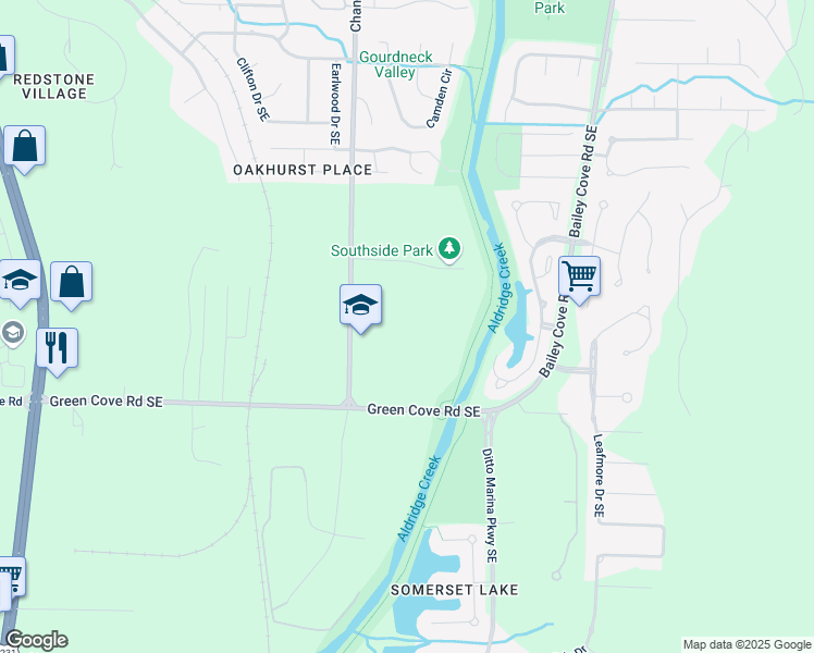 map of restaurants, bars, coffee shops, grocery stores, and more near 15975 Chaney Thompson Road Southeast in Huntsville