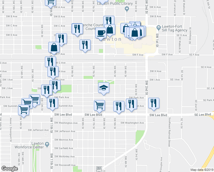 map of restaurants, bars, coffee shops, grocery stores, and more near 914 Southwest 6th Street in Lawton