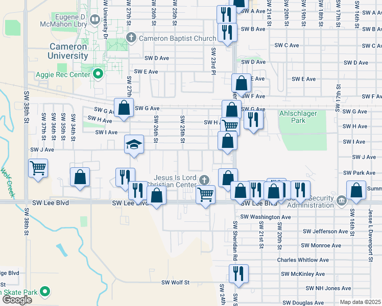 map of restaurants, bars, coffee shops, grocery stores, and more near 1207 Southwest 24th Street in Lawton