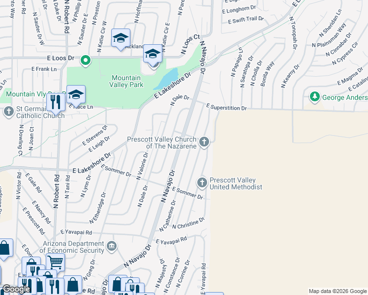 map of restaurants, bars, coffee shops, grocery stores, and more near 3766 North Navajo Drive in Prescott Valley