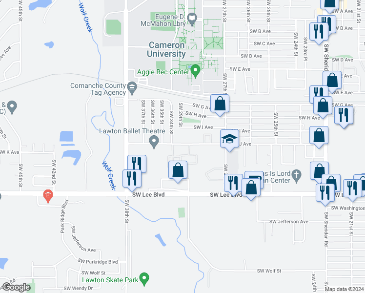 map of restaurants, bars, coffee shops, grocery stores, and more near 2806 Southwest J Avenue in Lawton