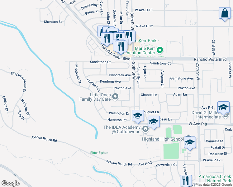 map of restaurants, bars, coffee shops, grocery stores, and more near 39348 Fostoria Court in Palmdale