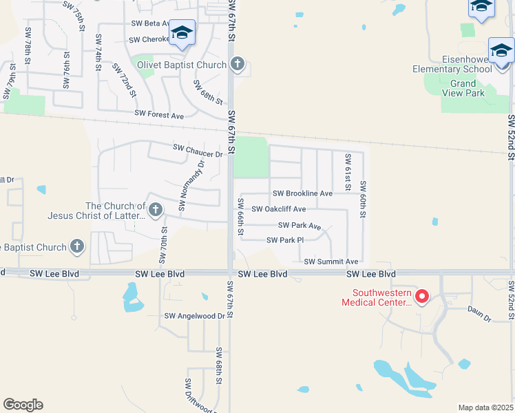 map of restaurants, bars, coffee shops, grocery stores, and more near 6507 Southwest Oakcliff Avenue in Lawton