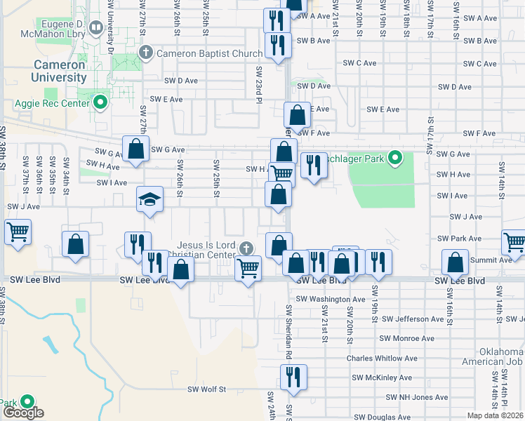 map of restaurants, bars, coffee shops, grocery stores, and more near 1206 Southwest 24th Place in Lawton