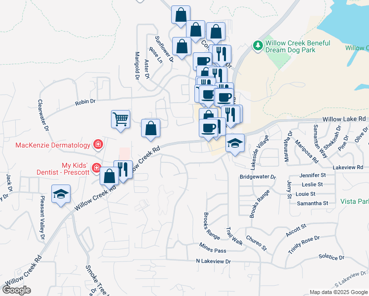 map of restaurants, bars, coffee shops, grocery stores, and more near 3163 Willow Creek Road in Prescott