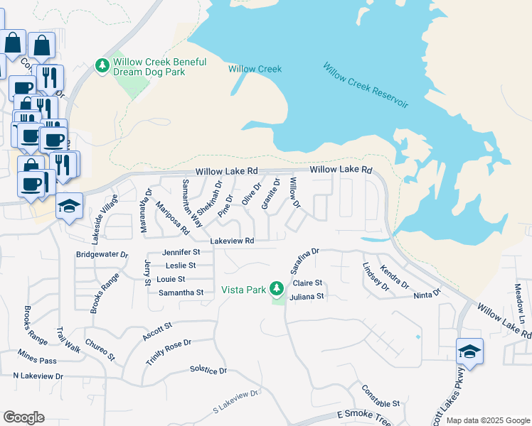 map of restaurants, bars, coffee shops, grocery stores, and more near Granite Drive in Prescott