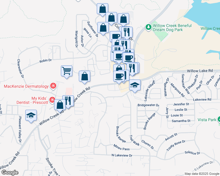 map of restaurants, bars, coffee shops, grocery stores, and more near 3163 Willow Creek Road in Prescott