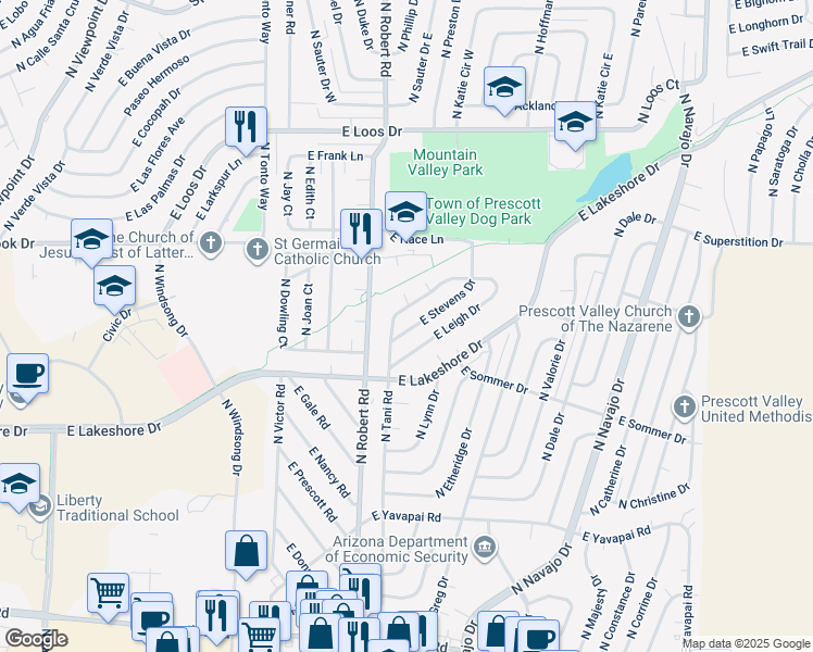 map of restaurants, bars, coffee shops, grocery stores, and more near 8300 East Stevens Drive in Prescott Valley