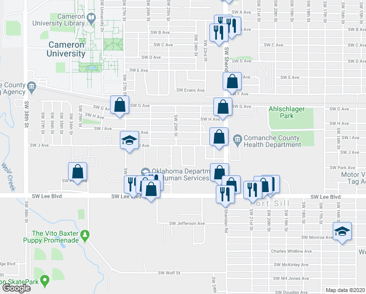 map of restaurants, bars, coffee shops, grocery stores, and more near 1207 Southwest 24th Street in Lawton