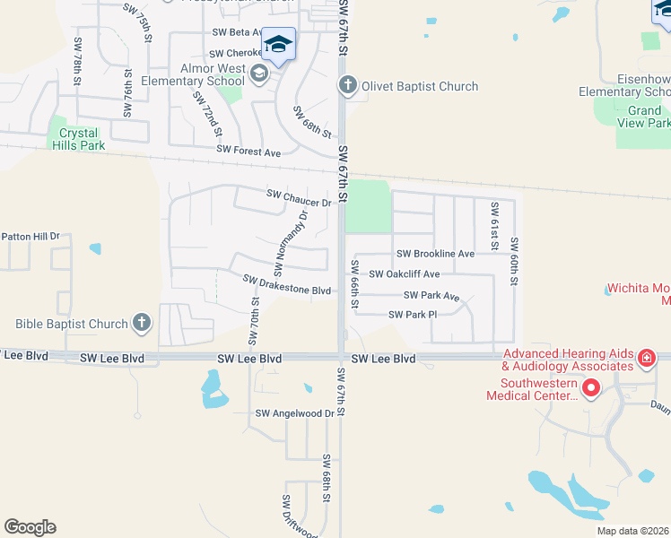 map of restaurants, bars, coffee shops, grocery stores, and more near 6701 Southwest Drakestone Boulevard in Lawton