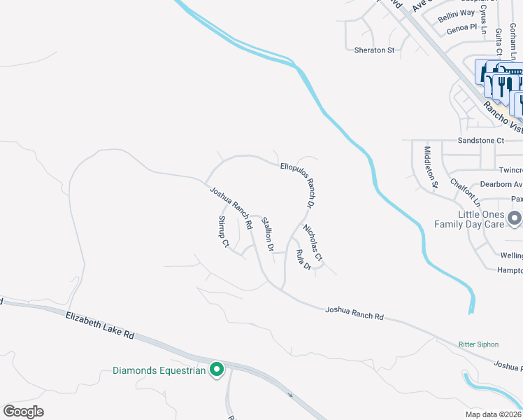 map of restaurants, bars, coffee shops, grocery stores, and more near 39342 Stallion Drive in Palmdale