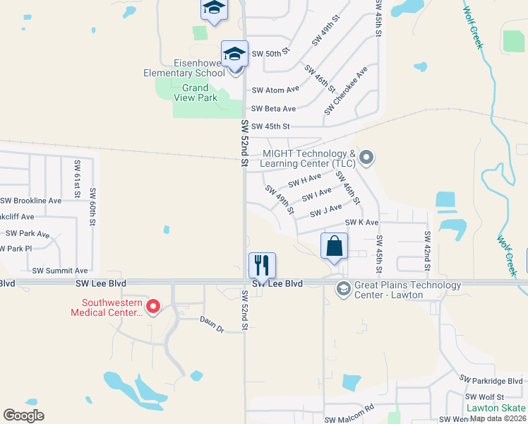 map of restaurants, bars, coffee shops, grocery stores, and more near 819 Southwest 50th Street in Lawton