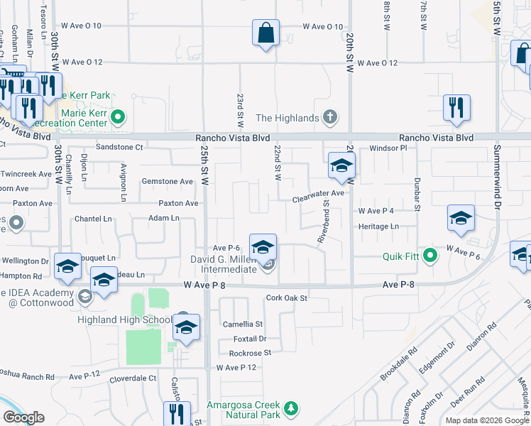 map of restaurants, bars, coffee shops, grocery stores, and more near 39444 Evening Star Street in Palmdale