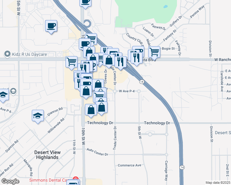 map of restaurants, bars, coffee shops, grocery stores, and more near 39300 Trade Center Drive in Palmdale