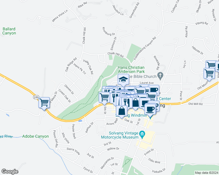 map of restaurants, bars, coffee shops, grocery stores, and more near 569 5th Street in Solvang