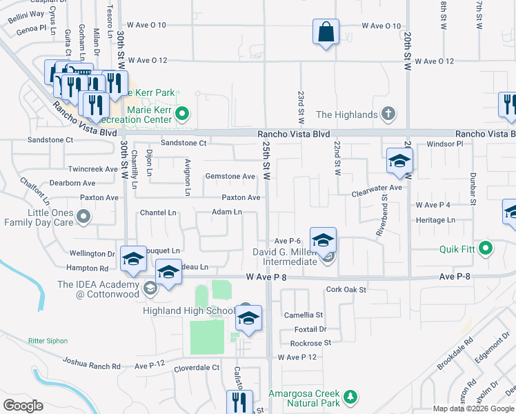 map of restaurants, bars, coffee shops, grocery stores, and more near 2511 Adam Lane in Palmdale