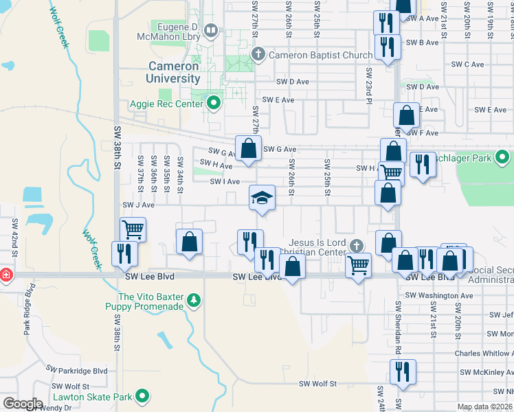 map of restaurants, bars, coffee shops, grocery stores, and more near 2702 Southwest J Avenue in Lawton
