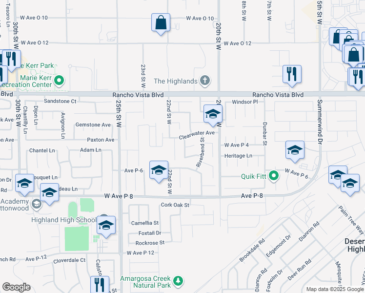 map of restaurants, bars, coffee shops, grocery stores, and more near 39401 Stonegate Street in Palmdale